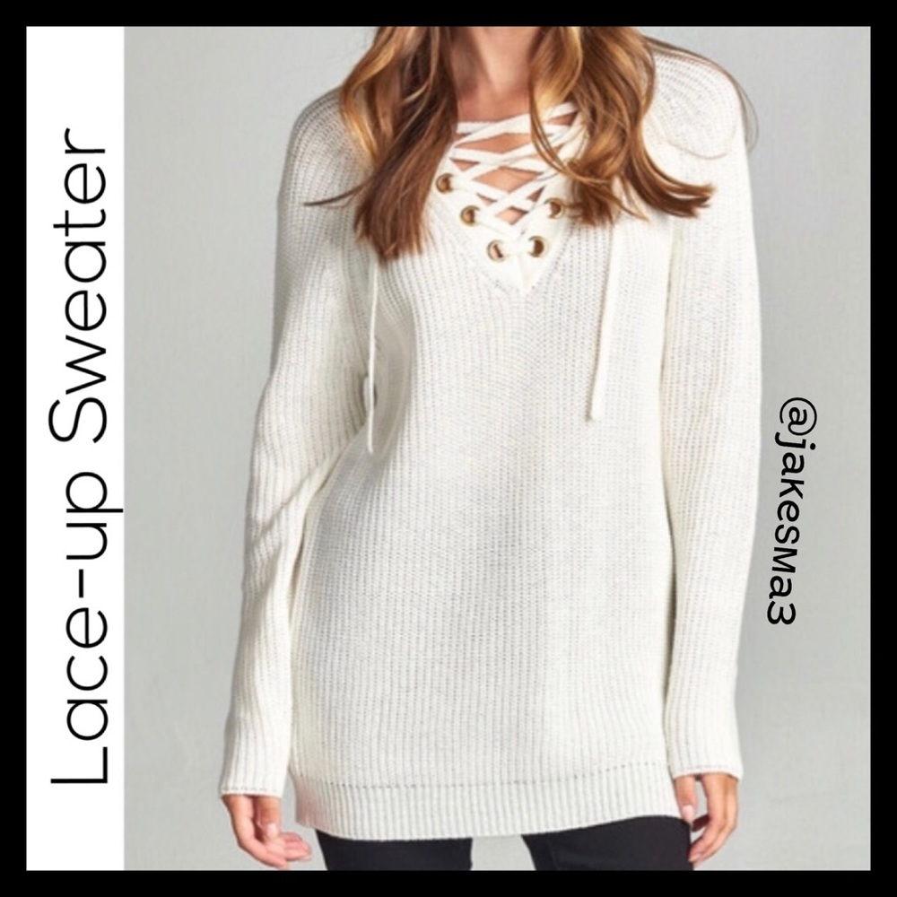 last one! Gorgeous Winter White Lace-Up Sweater - Picture 1 of 2